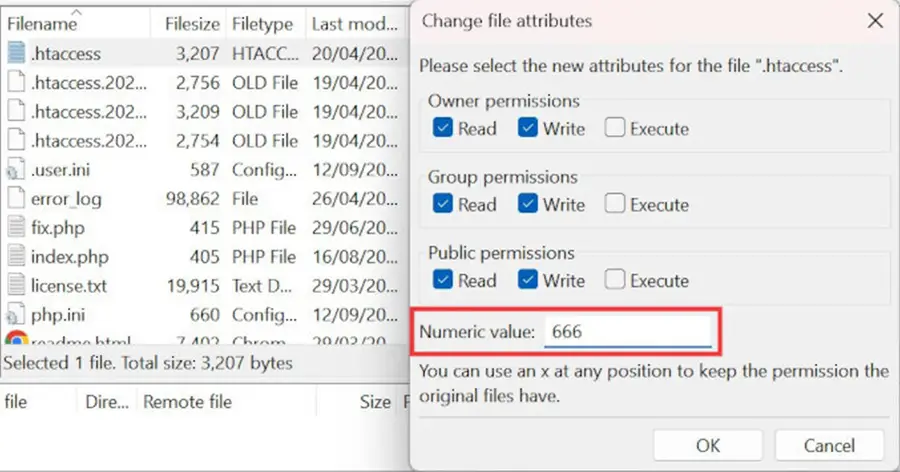 فایل htaccess. کلیک راست و گزینه File Permissions را انتخاب کنید.